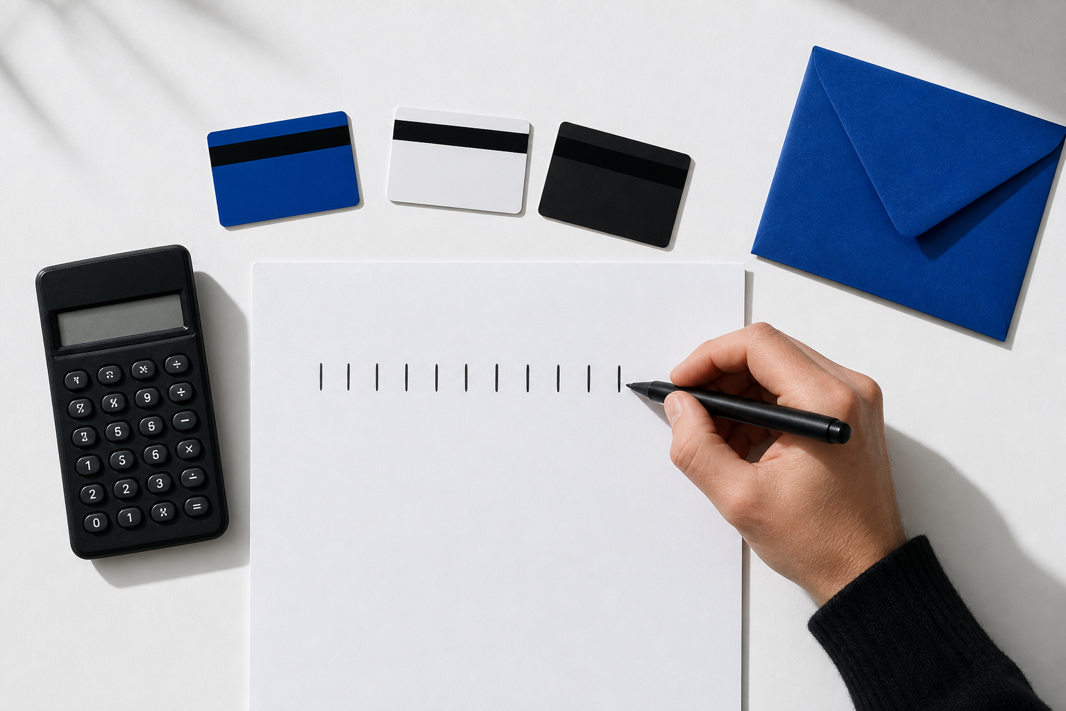 Hand markeert twaalf periodes naast een rekenmachine, drie kaarten en een blauwe envelop