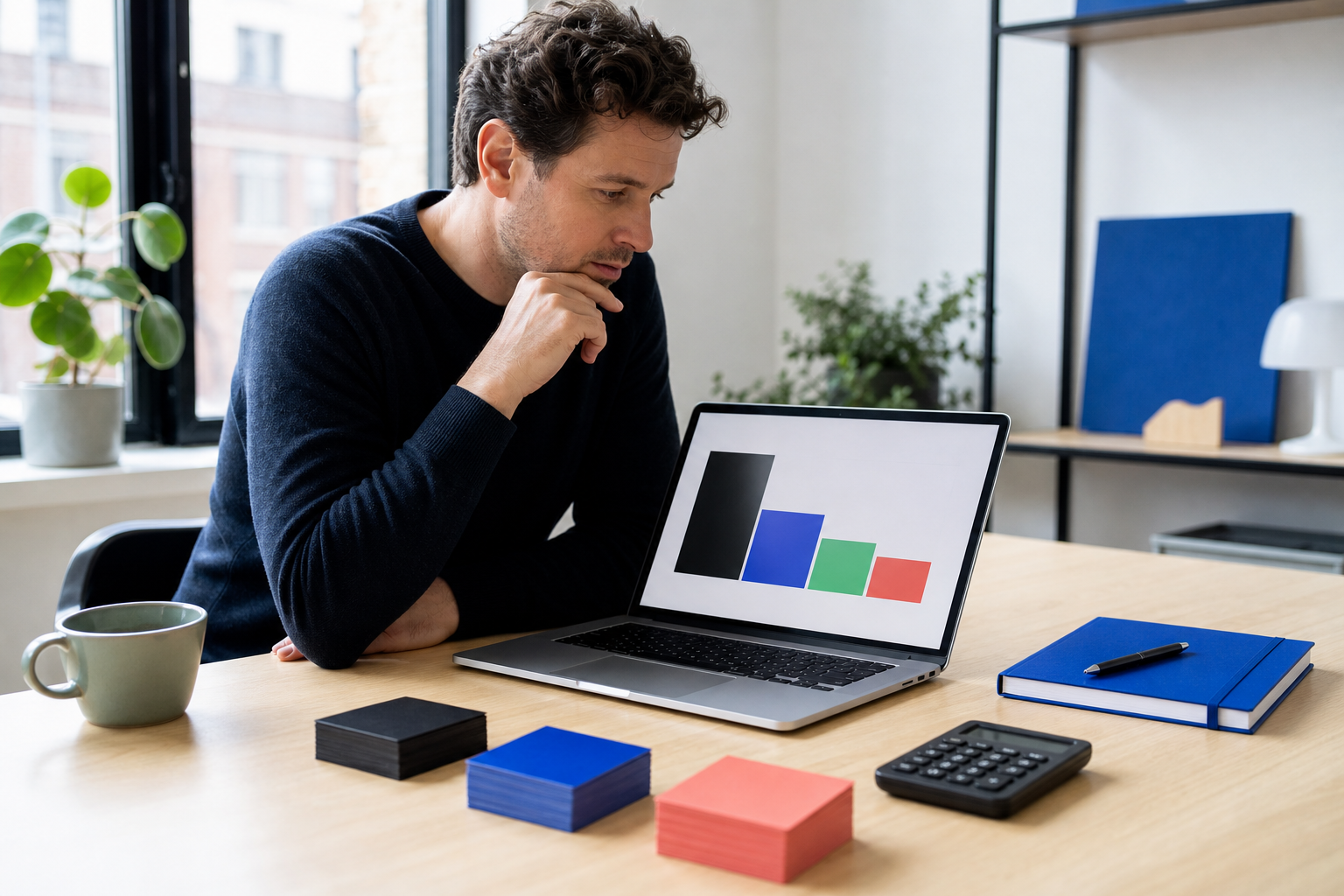 Ondernemer vergelijkt drie klantscenario's op kaarten naast een laptop met een abstracte omzetgrafiek