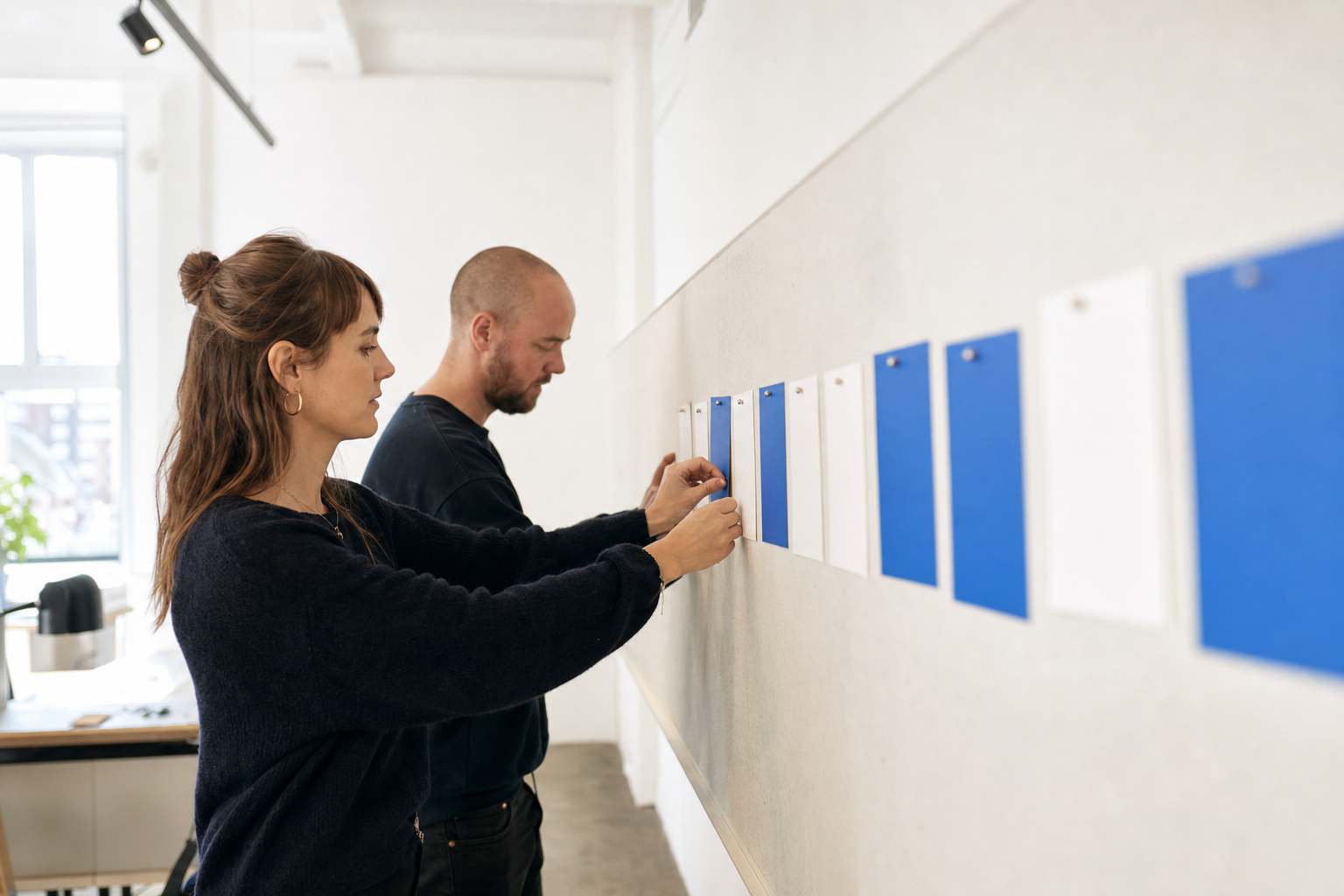 Twee collega's rangschikken witte en kobaltblauwe kaarten op een lichte wand