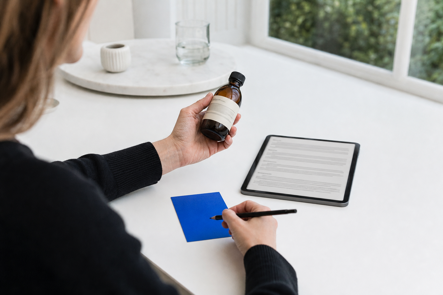 Persoon vergelijkt een productflesje met informatie op een tablet en maakt notities