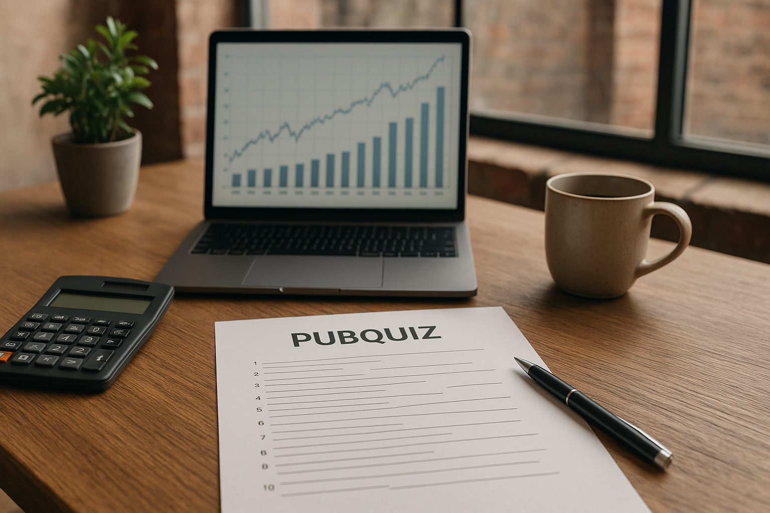 Vergadertafel met quizmaterialen en een gereed scherm voor een teamactiviteit